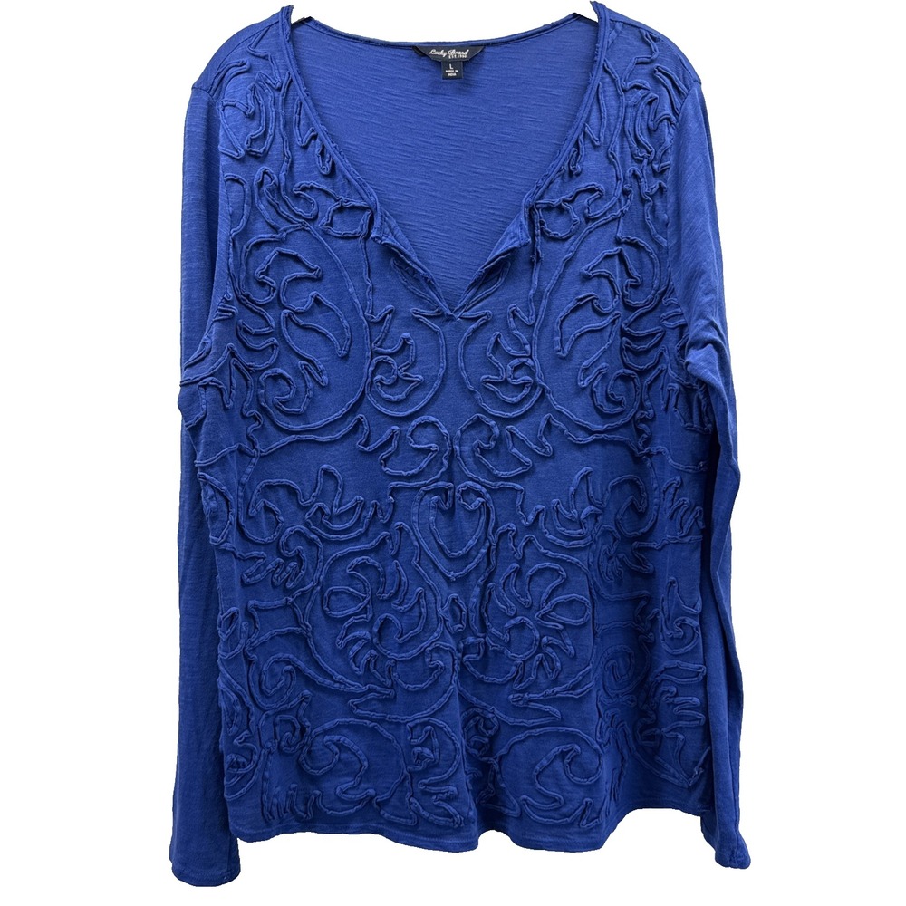 Lucky Brand Women's Top Size Large Royal Blue Textured V Neck Long Sleeves Artsy